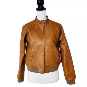 Vintage London Leather Jacket Tan Zip Front Size S Rib High Neck Pockets